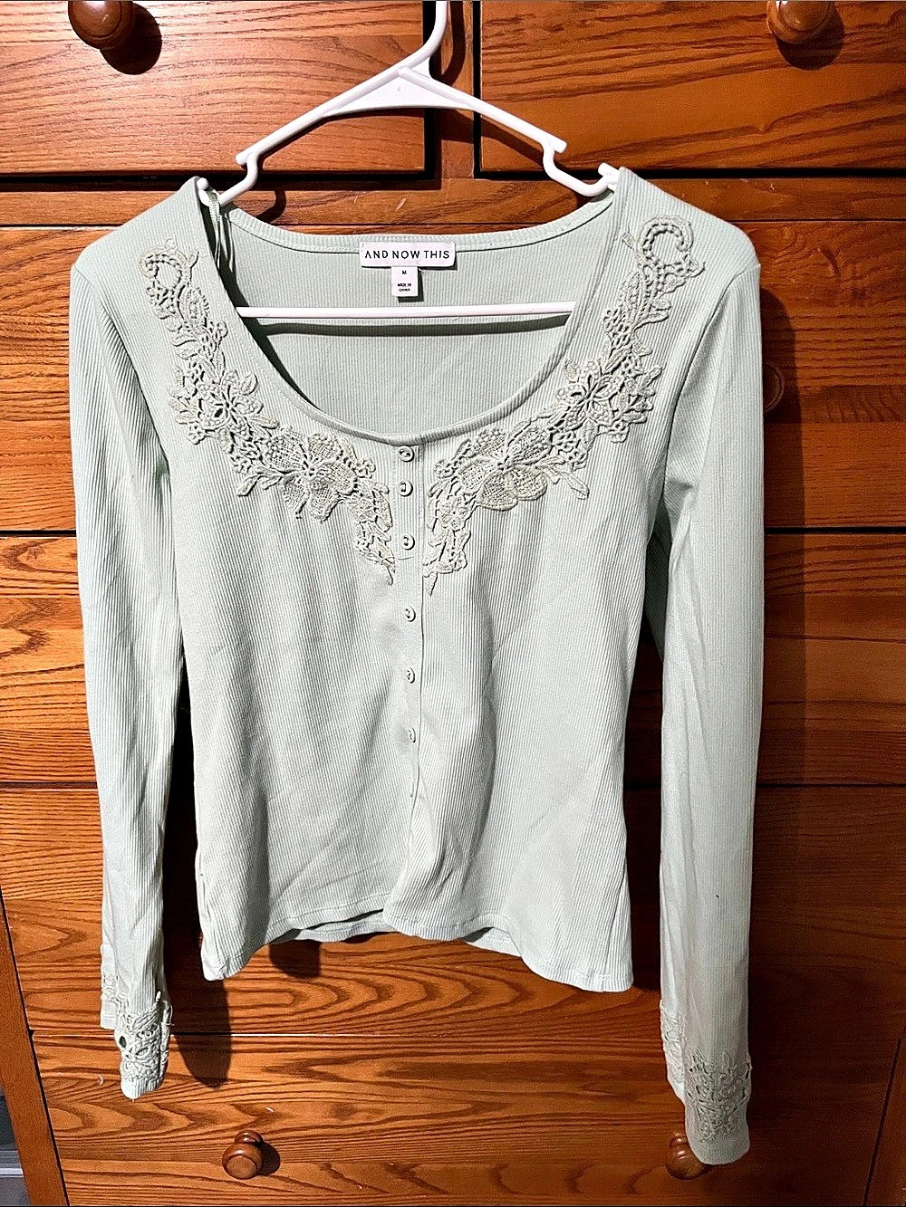 Long Sleeve Embroidered Top in Green Like New